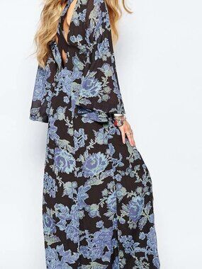 Free People Melrose Black Maxi Dress with Blue Floral Print